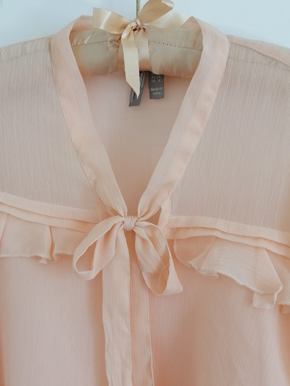 Asos Pale Peach soft Bow-Accent Blouse long sleeve. Delicate feminine vibe.